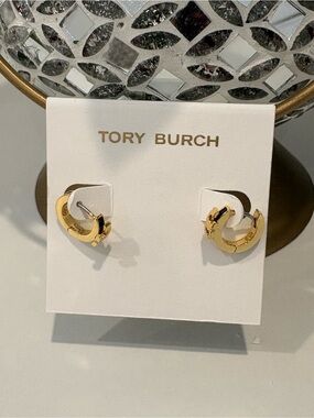 Tory Burch Icon Black Enamel Huggie Earrings